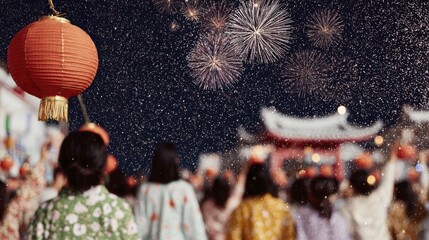 Celebratory lanterns and fireworks light up cultural festival night sky