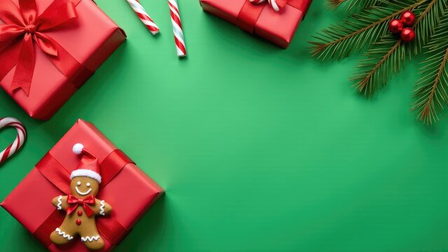 A festive holiday scene with a green table filled with gifts and candy canes