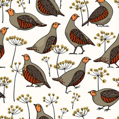 Vector seamless pattern with hand drawn flock of  cute Grey Partridges in blooming flowers. Beautiful illustration, ink drawing. Perfect for prints and patterns