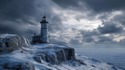Winter scene of an isolated lighthouse standing on a snowy cliff with dramatic cloudy skies