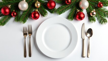 A simple table setting featuring a white plate with a fork and knife, suitable for use in lifestyle or food photography