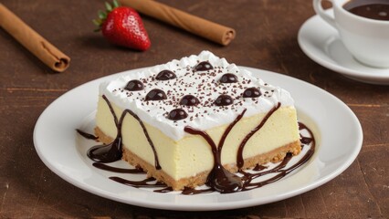 A slice of creamy cheesecake topped with whipped cream and drizzled with rich chocolate sauce