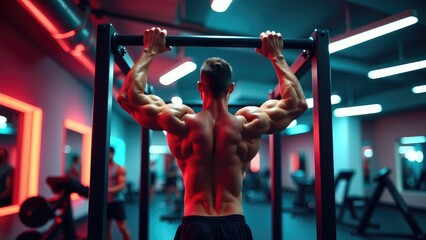 Man exercising with pull-up bar in a gym, suitable for fitness and sports themes