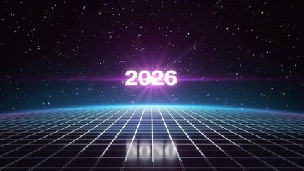 Retro-futuristic New Year animation with glowing 2026 digits above a digital grid horizon. Inspired by synthwave and 80s sci-fi aesthetics. - Powered by Adobe
