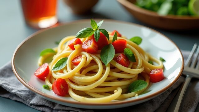 Fresh pasta dish with homemade tomato sauce and basil leaves - Powered by Adobe
