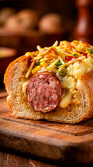 Brazilian Hot Dog with Sliced Sausage, Mashed Potatoes, Corn, Peas, Potato Sticks and Sauces in Vertical Close-Up Food Photography
