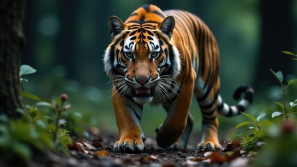 A tiger strolling through a dense forest covered in autumn leaves