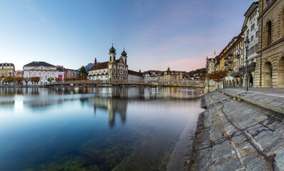 Morning view of Jesuit Church and Rathaussteg in Lucerne, Switzerland