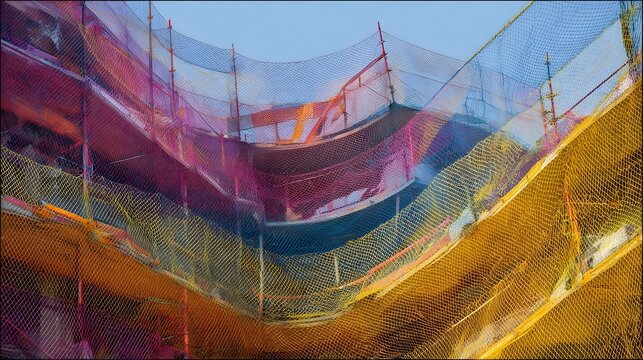 Abstract composition of vibrant multi layered safety netting over construction scaffolding