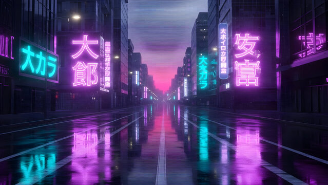 Experience the vibrant energy of a neon-lit cyberpunk city street scene - Powered by Adobe
