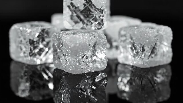Crystal clear ice cubes stacked on a black reflective surface.