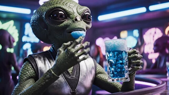 Alien enjoying drink in bar setting with neon lights and futuristic ambiance concept design illustration