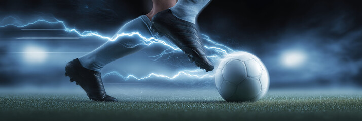 Soccer player's legs in cleats kick soccer ball on green grass field. Blue electric energy streaks around player and ball, speed and power. Background with stadium light