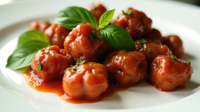 A white plate filled with meatballs covered in savory sauce, perfect for an Italian-inspired meal or food blog