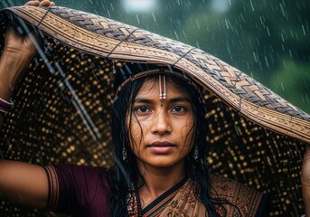 Portrait Of Young Indian Woman Standing Under Rain Shelter In Monsoon Weather
