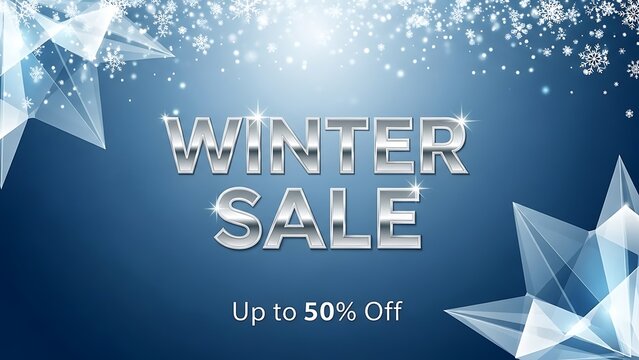 Shiny silver text for winter sale promotion on blue background