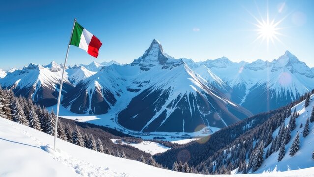 A photo of an Italian flag flying high above snowy mountains, a symbol of national pride - Powered by Adobe