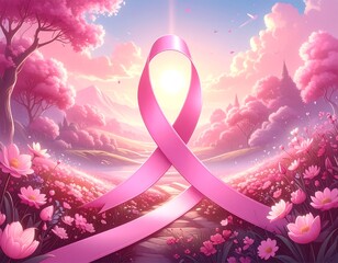 Symbolic image of a pink ribbon outdoors with blossoming trees and flowers