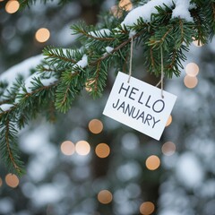 hello january sign on a tree