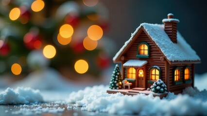 Naklejka premium A small house covered in snow with a Christmas tree in the background, perfect for winter or holiday scenes