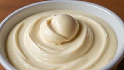A bowl of creamy dessert with a spoon sticking out, perfect for a sweet treat