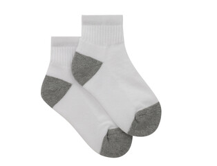 Pair of white ankle socks with gray accents isolated on transparent background