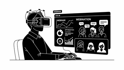 Man attends virtual webinar using vr headset and computer