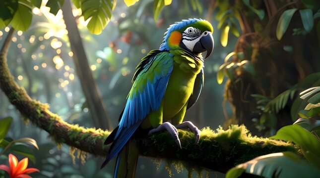 Green and blue parrot sitting on a tree branch surrounded by natural foliage, capturing vivid colors, tropical bird details, exotic wildlife in a natural forest environment - Powered by Adobe