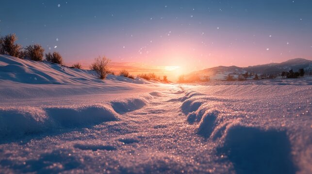 8k, realistic, full ultra HD, high resolution, cinematic photography A beautiful winter sunset over a snowy landscape, with a sense of peace and new beginnings for the year ahead - Powered by Adobe