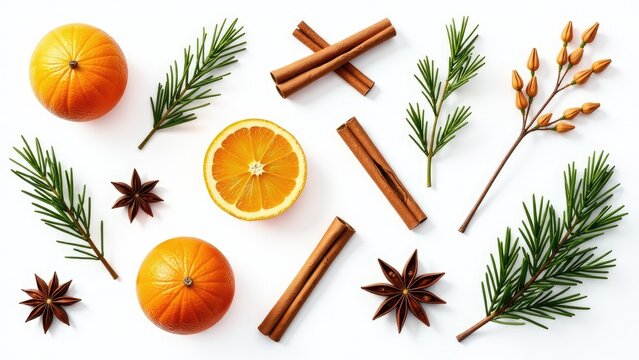 Oranges, cinnamon sticks, and star anise arranged on a white background