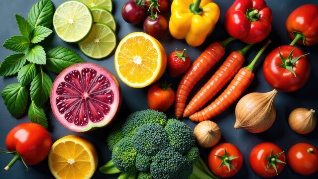 Colorful array of fresh fruits and vegetables arranged on a table