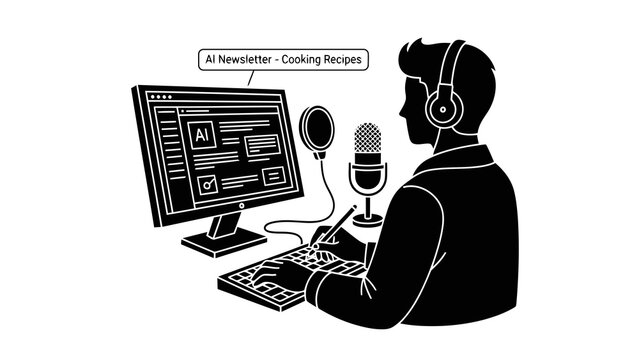 Person creating ai newsletter with cooking recipes using computer and microphone
