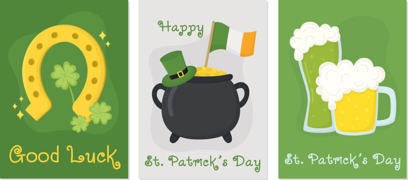 Set of three St. Patrick's Day greeting cards. Colorful illustrations for Irish holiday - Powered by Adobe