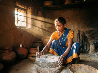 Indian Woman Grinding Grain With Traditional Stone Mill In Sunlit Rural Kitchen