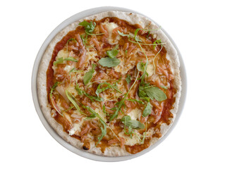 Delicious pizza with salmon, mozzarella and arugula