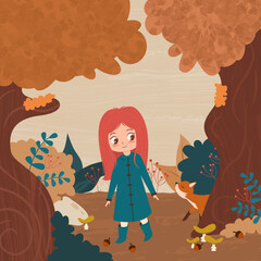 Cute hand drawn cartoon character little girl with blue coat  in the park funny vector illustration