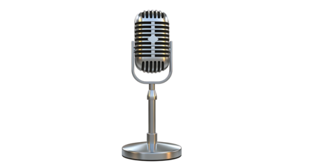Classic vintage silver microphone on a stand isolated on transparent background