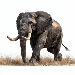 Obraz premium Majestic African elephant walking forward, powerful wildlife portrait in natural savanna habitat, conservation imagery.