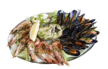 Gourmet seafood platter with mussels, prawns, and fish