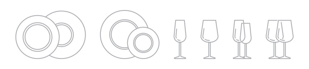 Clean dishes and glasses line icon set isolated on transparent background. Ideal symbols for kitchenware, dishwashing, hygiene, and household care designs. Editable stroke.