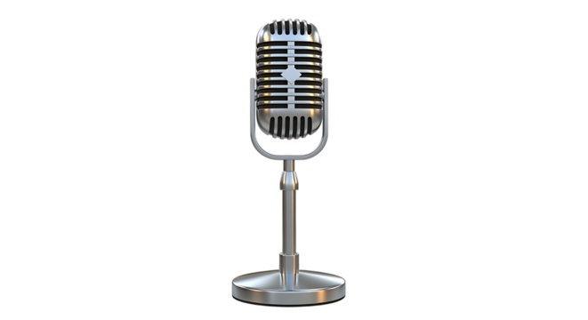 Classic vintage silver microphone on a stand isolated on transparent background