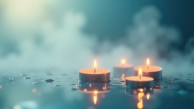 Three lit candles placed on a table, great for interior decoration or special events
