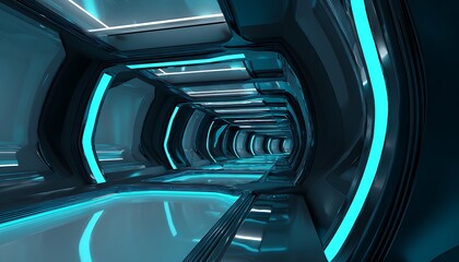 Futuristic impossible hallway with glowing doors and curved perspectives