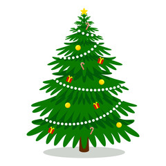 Festive Christmas tree illustration decorated with ornaments and lights, ideal for holiday and winter-themed designs.