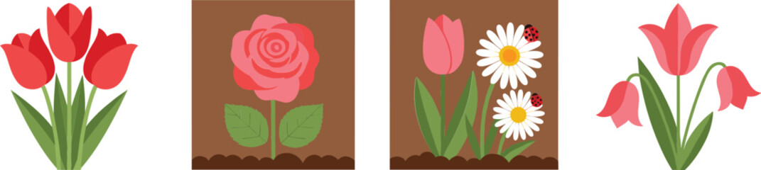 Spring Garden Flowers Set with Grass Flower Beds and Blooming Tulips Daffodils and Roses Flat Vector Illustration