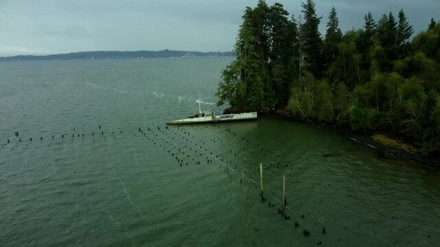 US, WA, Chinook, 2025-10-25 - Drone view of the wreck of the hydrofoil USS Plainview on the Columbia River