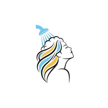 Elegant woman enjoys relaxing shower with vibrant hair colors flowing