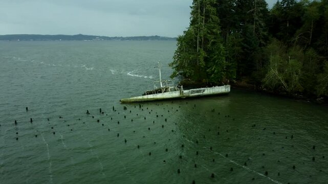 US, WA, Chinook, 2025-10-25 - Drone view of the wreck of the hydrofoil USS Plainview on the Columbia River