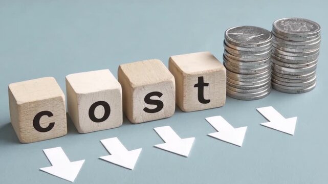 Blocks spell out cost while silver coins sit beside them. White arrows point down, showing the theme of cost decrease in a simple display