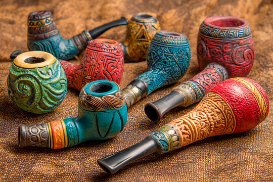 A collection of vibrant "chilum" (smoking pipes), intricately carved and adorned with metal, displayed on a textured fabric.
